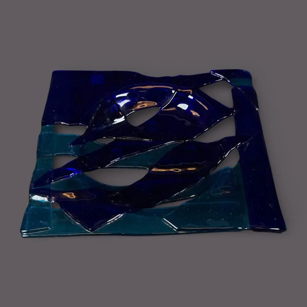 Marriott Studio Art Fused Glass Decorative Plate Blue Teal Abstract Modern